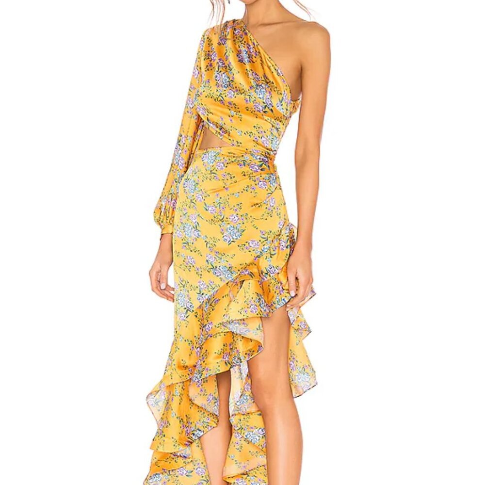 Bronx and Banco Yellow Floral One-Shoulder Ruffle Dress